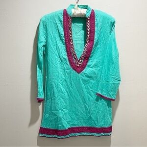 ONDADEMAR Women’s Turquoise Purple Swim Cover Dress Mirrored Tunic Size Small